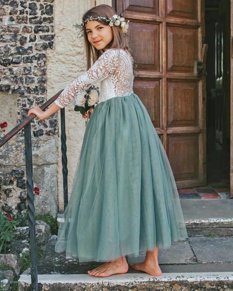 Robe de Cérémonie Fille Vert Sauge – Dentelle et Tulle