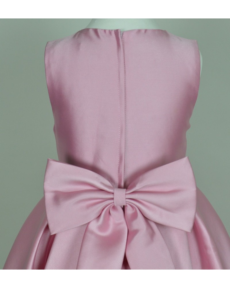Robe de cortège enfant robe fille cérémonie rose paillete col rond manche courte au sol jupe en tulle noeud sur dos