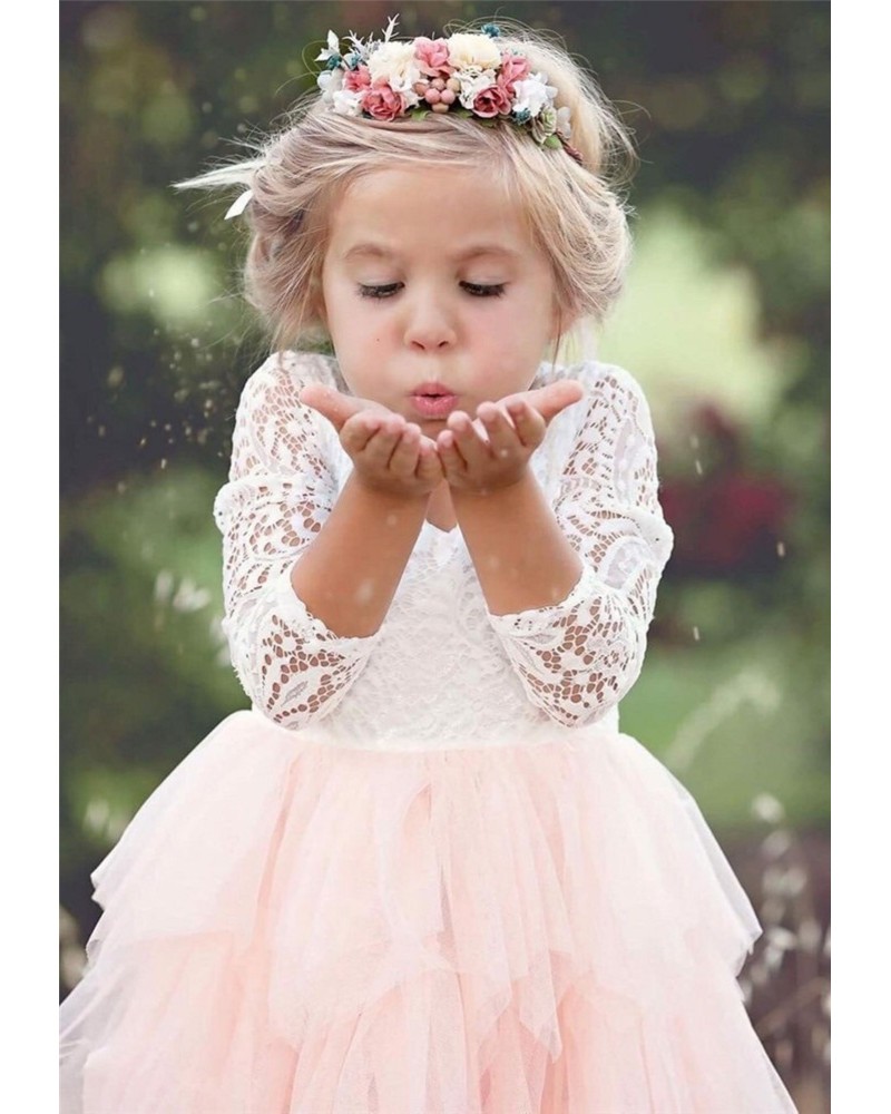 Robe petite fille mariage en dentelle et tulle rose