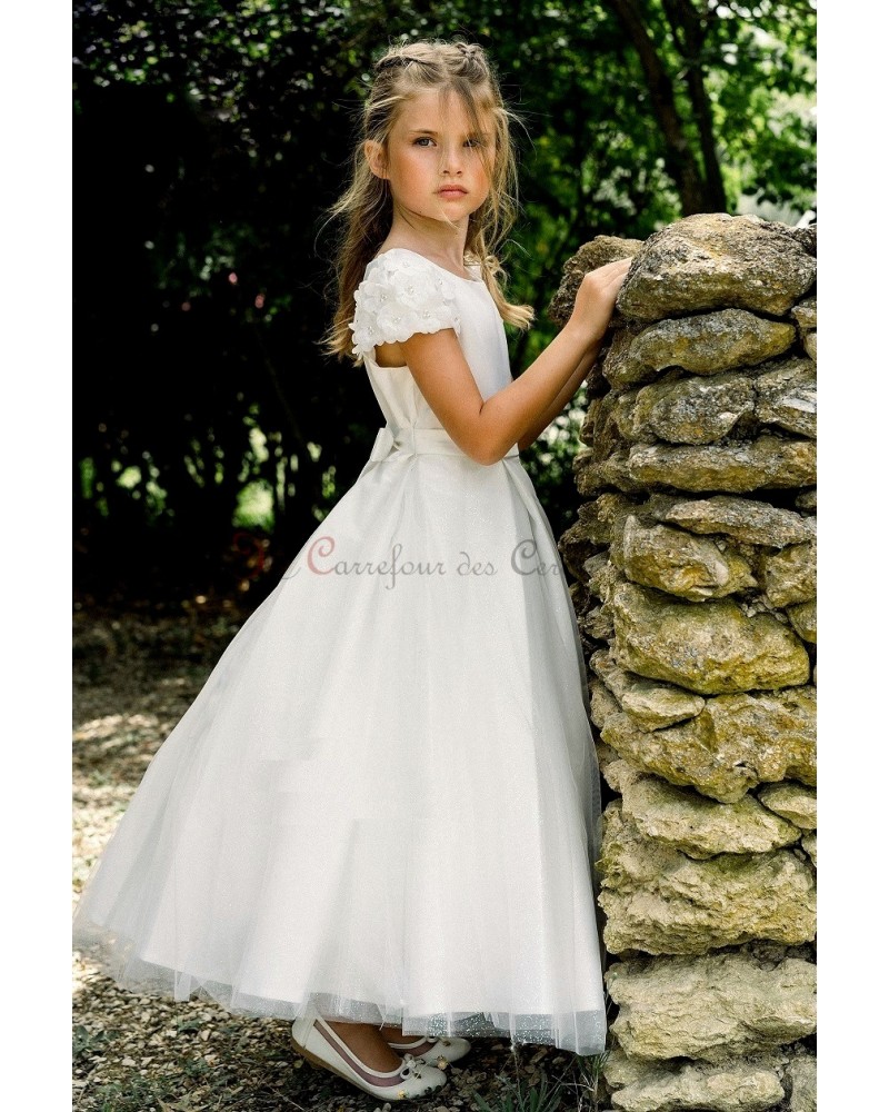 Robe Demoiselle D’Honneur Fille Asymétrique à Fleurs – Robe Cérémonie Communion Mariage Enfant Bretelles Mousseline Fluide – Élégante & Confortable
