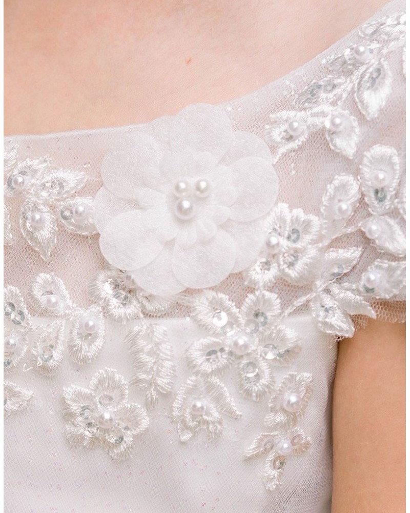 Robes Cortège Enfant Ivoire Col Rond Manches Courtes Robe De Fille De Fleur Robe Ceremonie P867568