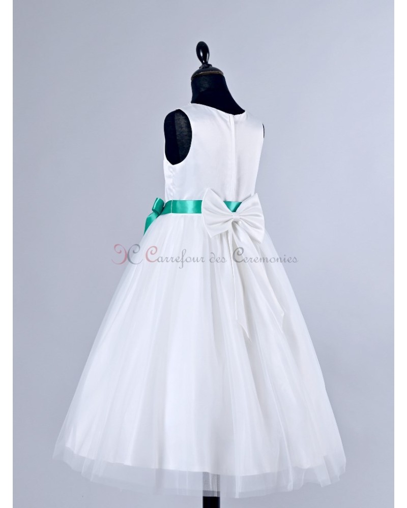 Robe fille cérémonie blanche et verte satin jacquard, élégante avec nœud